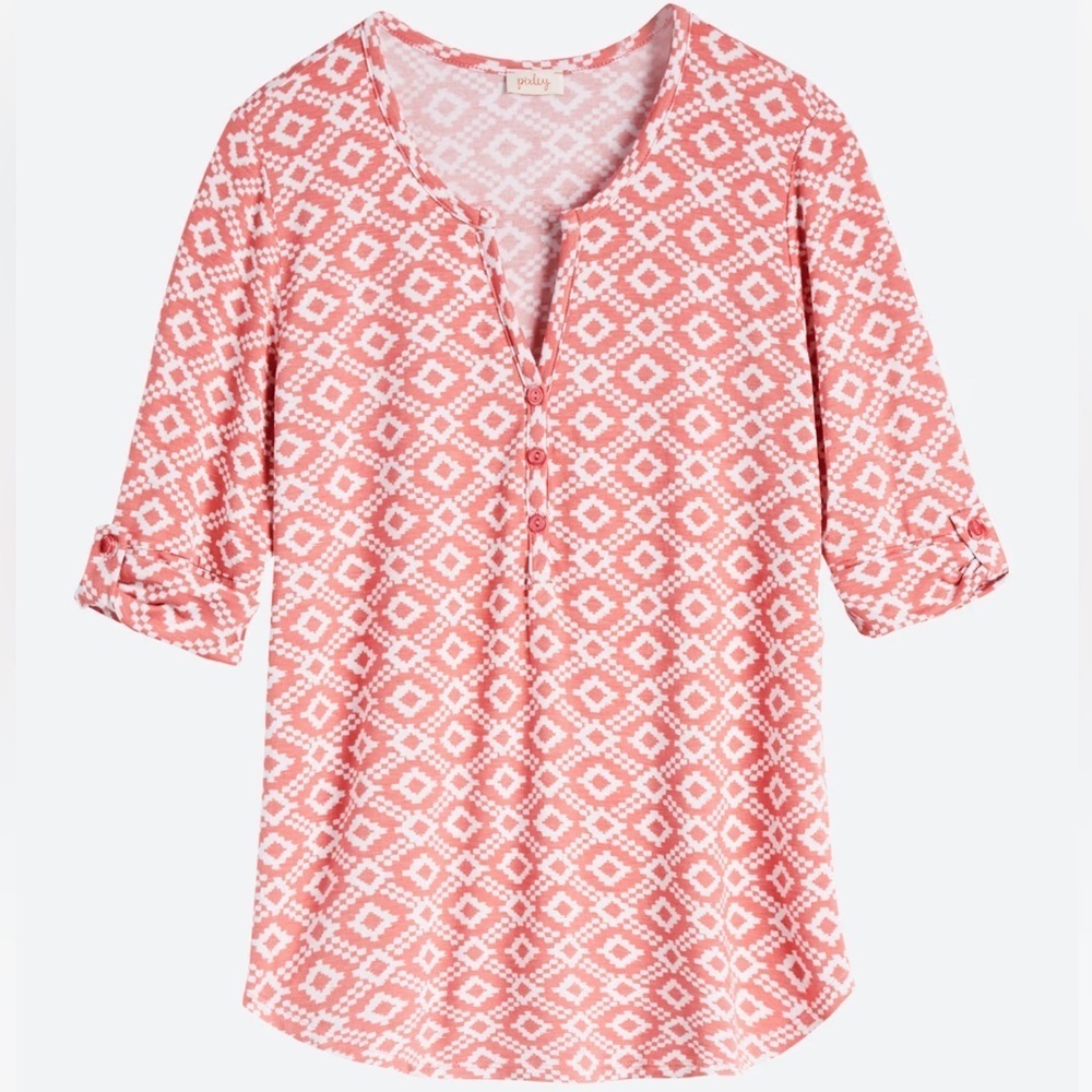 Pixley - Edmond Henley Knit Top. Shirt. Blouse. Size XL. Coral. Pink.